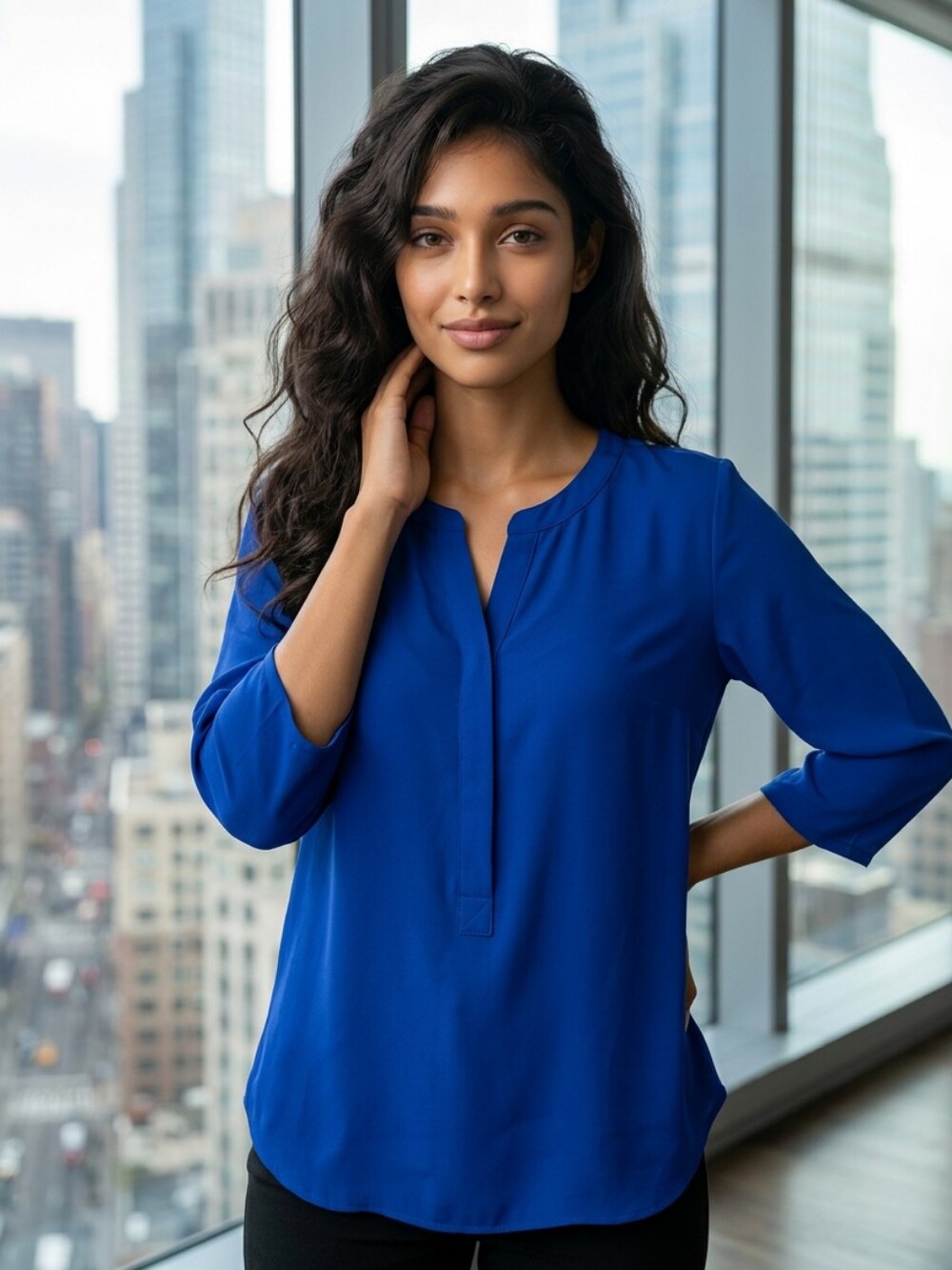 EXPRESS Zip Front Royal Blue Silky Top Chiffon Popover Dressy Blouse 3/4 Sleeves